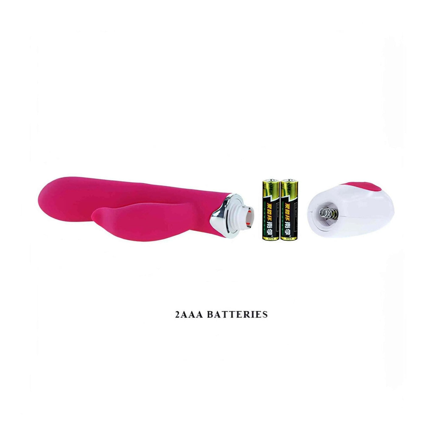 Vibratore rabbit smontato con corpo silicone, connettore metallico e batterie AAA