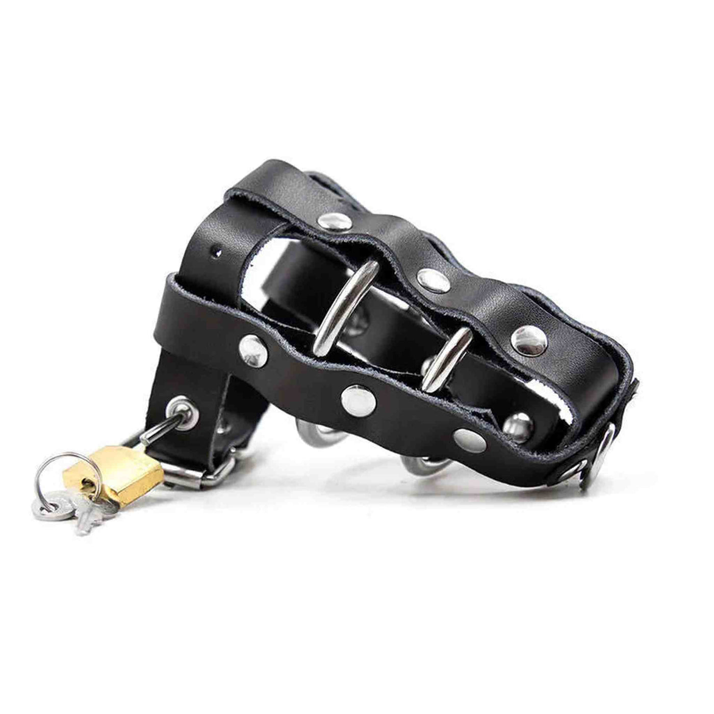 Accessorio castità cuoio liscio nero metallo lucido fibbia chiusura