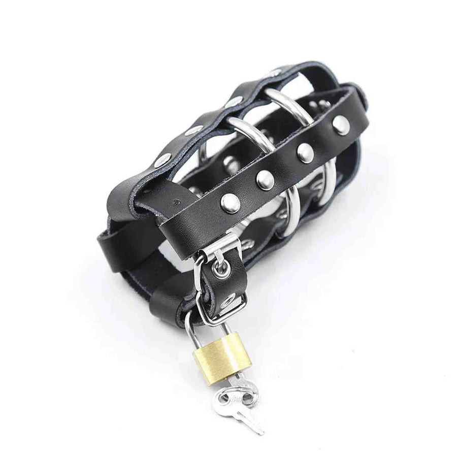 Leather Penis Cage with Metal Ring Structure and Safety Lock
