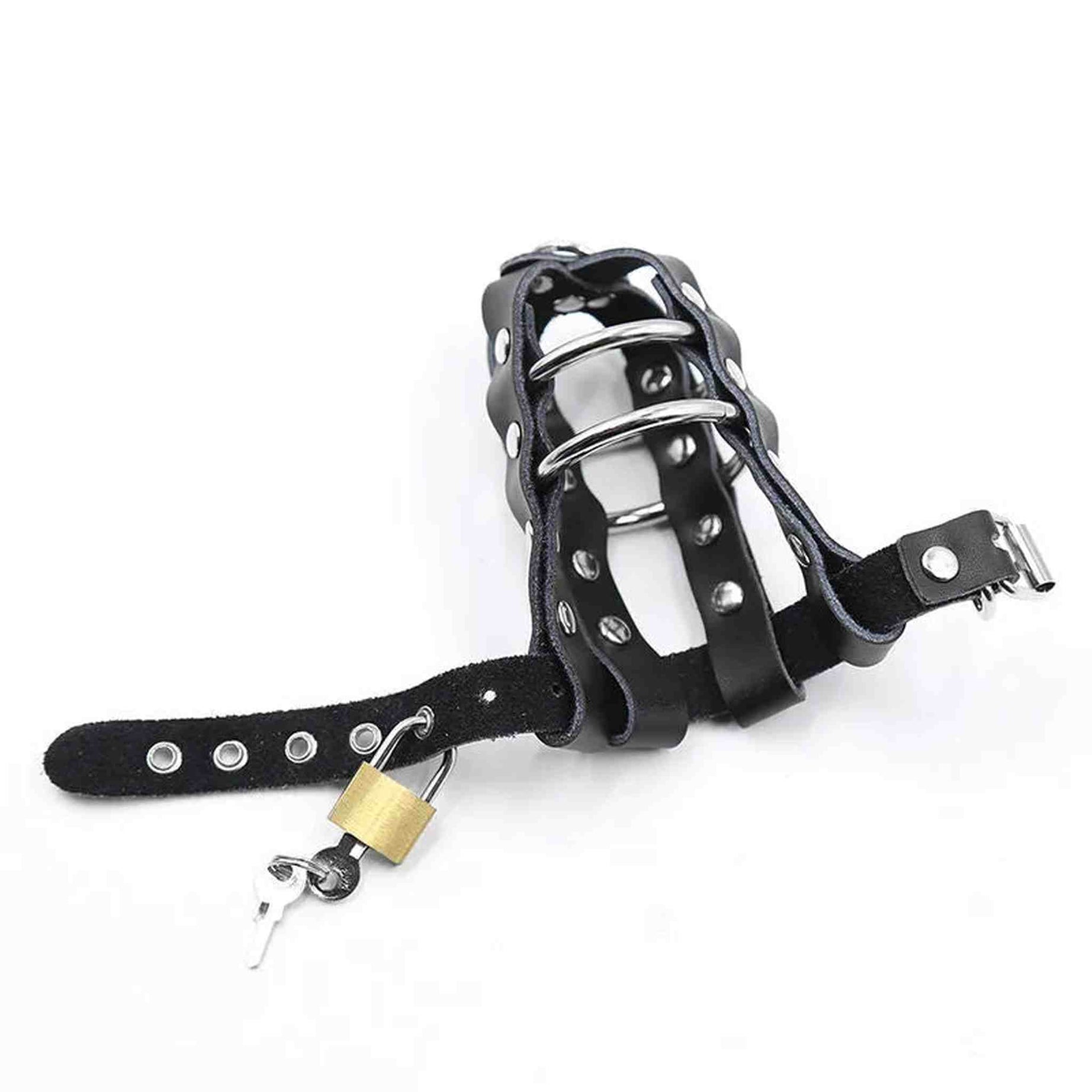 Gabbia Pene in Cuoio con Struttura ad anelli in metallo e lucchetto di sicurezza