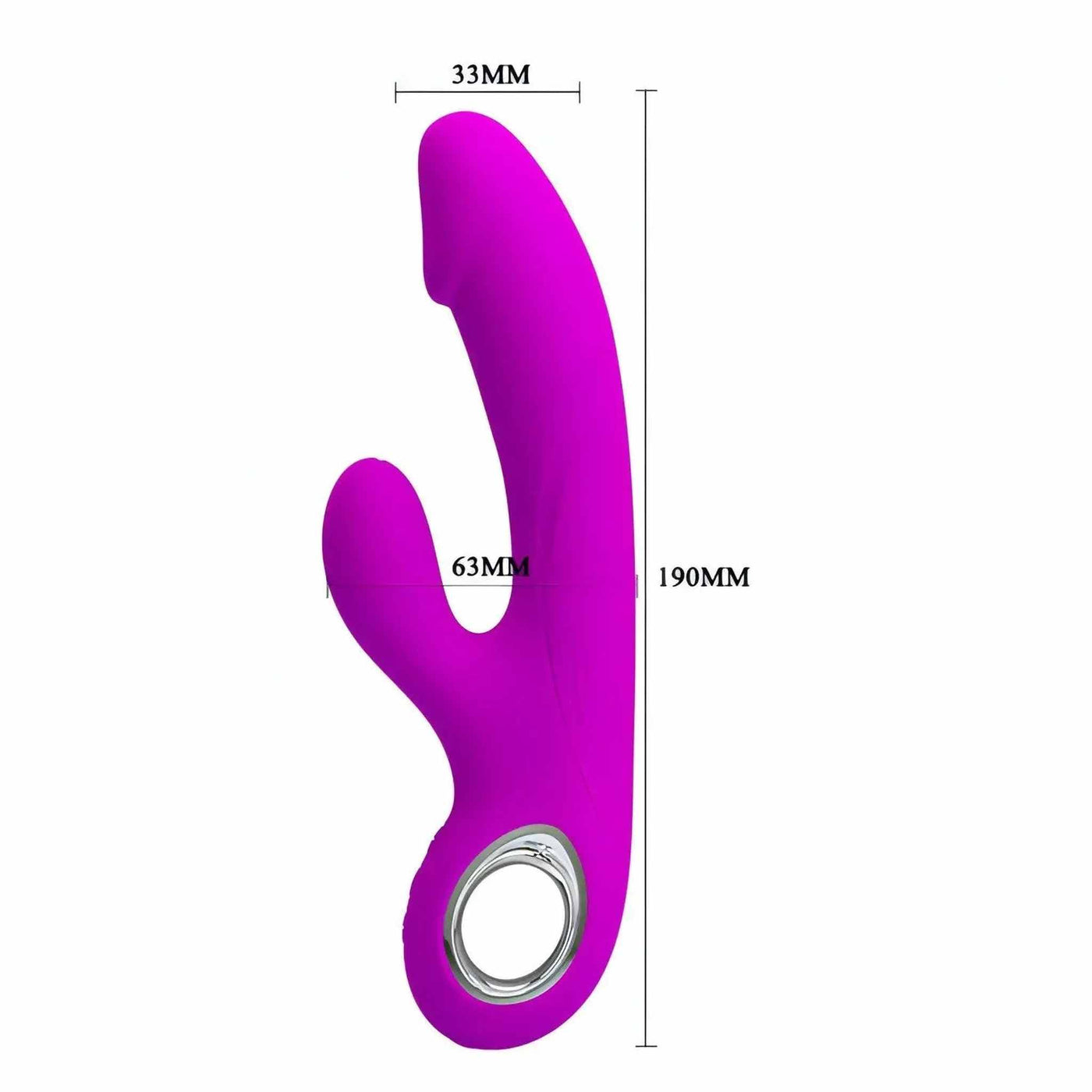 Vibratore rabbit viola in silicone con misure indicate e anello metallico