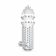 Guaina per pene trasparente con spine spiralate e cupola decorata
