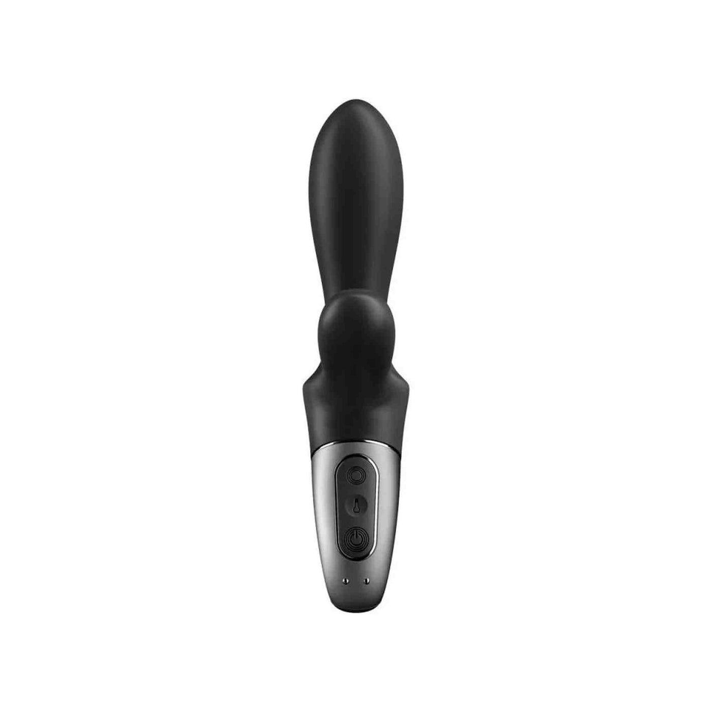 Vibratore rabbit nero Satisfyer frontale con simboli pulsanti accensione e freccia