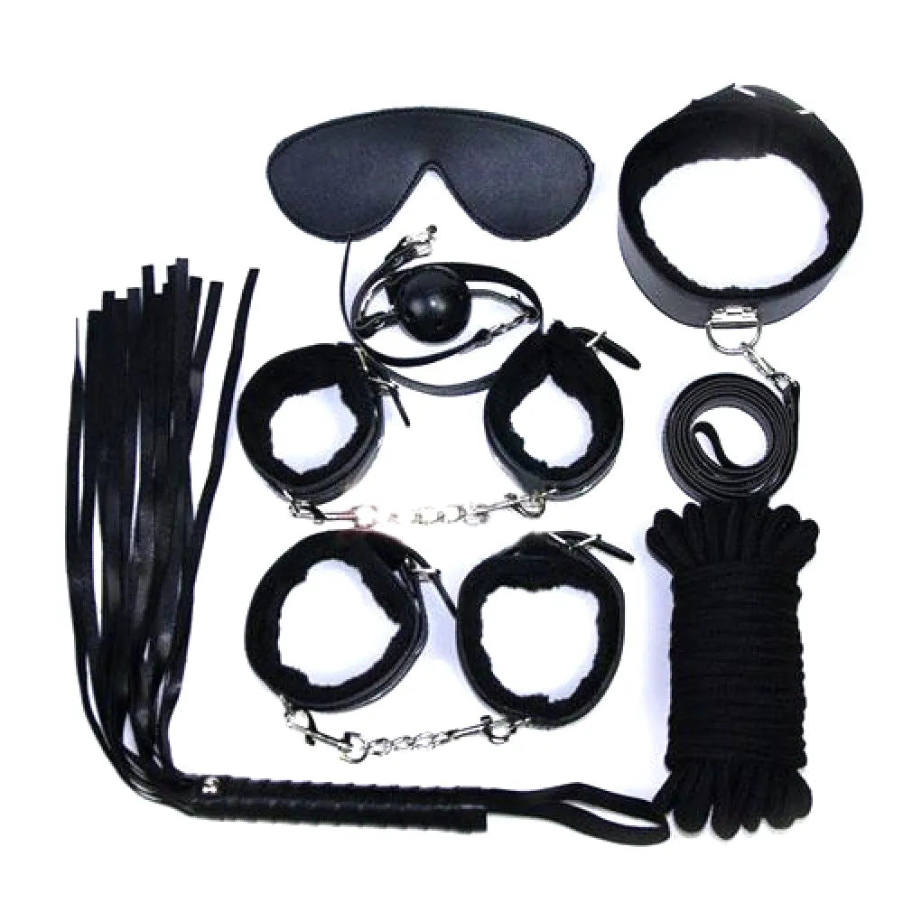 Kit Bondage 10 pezzi: Benda, Ball Gag, Collare e Guinzaglio, Corda Bondage, Frustino, Cavigliere, Polsiere - GoEstasy