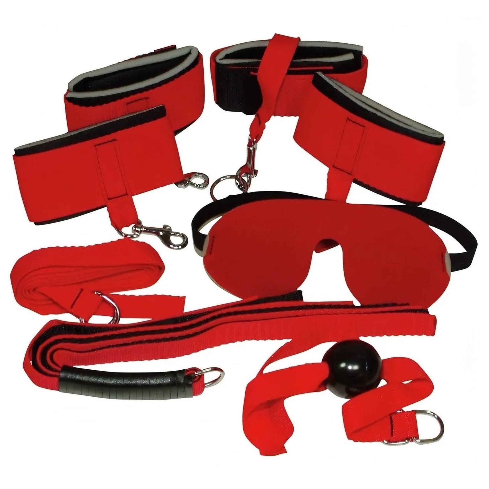 Kit Bondage - Machera, ball-gag, cavigliere e polsiere collegate e frustino