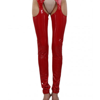 Leggings rosso in vinile con aperture sui fianchi e all'inguine anteriore e posteriore - GoEstasy