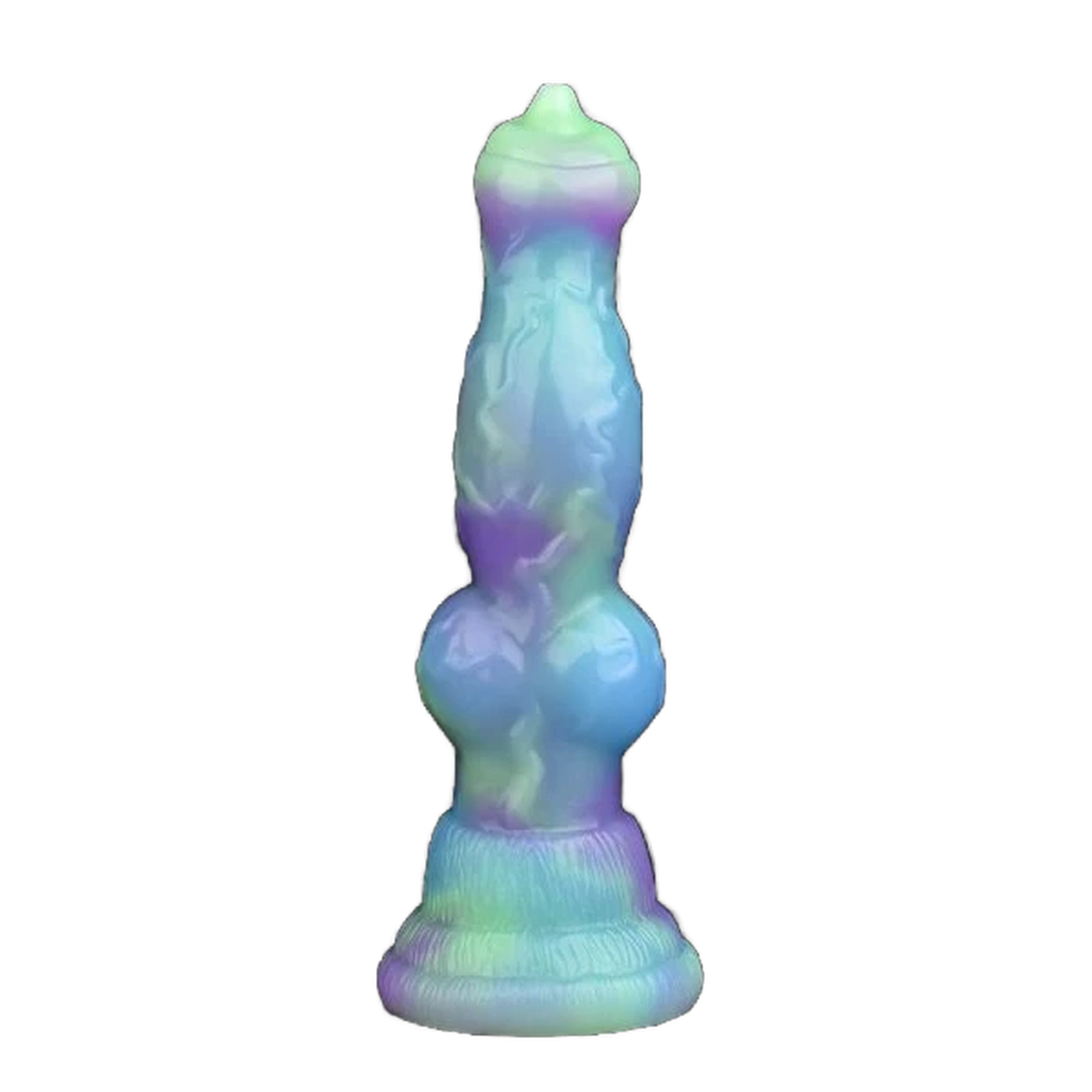 Dildo silicone effetto gradiente verde viola blu con sezione centrale ampia e base circolare