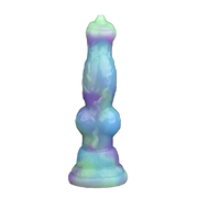 Dildo silicone effetto gradiente verde viola blu con sezione centrale ampia e base circolare