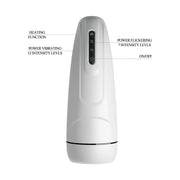 Pulsanti controllo frontale masturbatore elettrico bianco per riscaldamento e vibrazione intensità