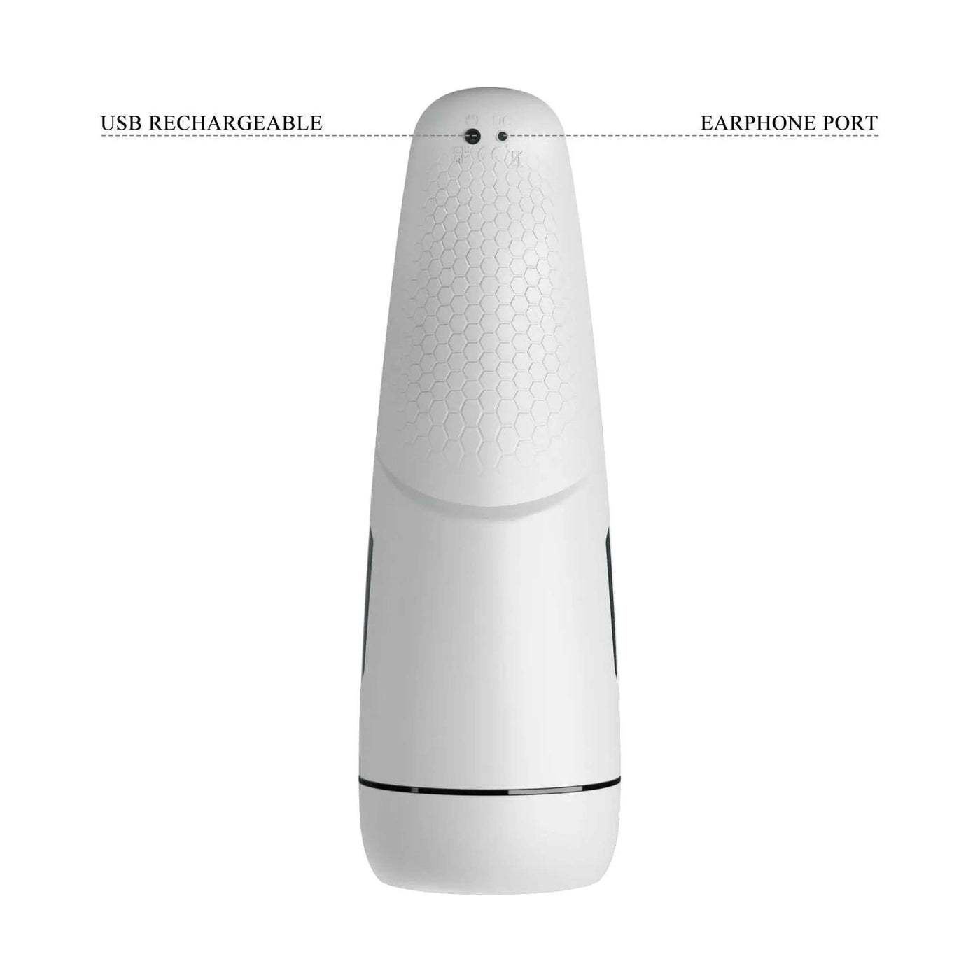 Retro masturbatore elettrico bianco con porte USB ricarica e cuffie e texture esagonale