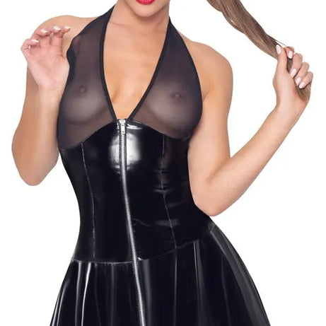 Mini Abito Sexy in Vinile con Trasparenze Mesh