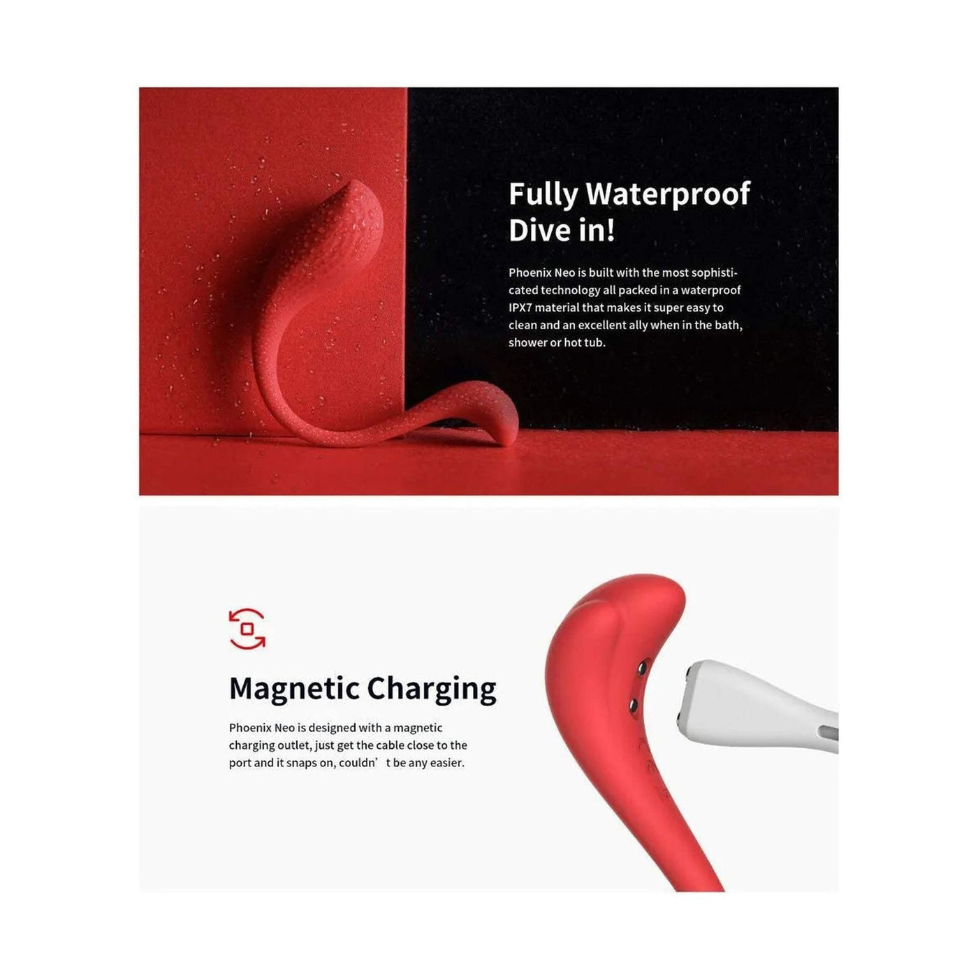 Vibratore rosso completamente impermeabile IPX7 con ricarica magnetica