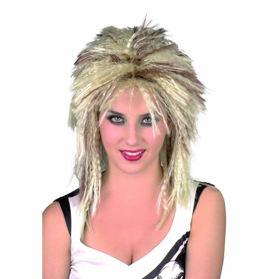 80er Rocker Frisè Perücke Hellblond mit braunen Strähnen