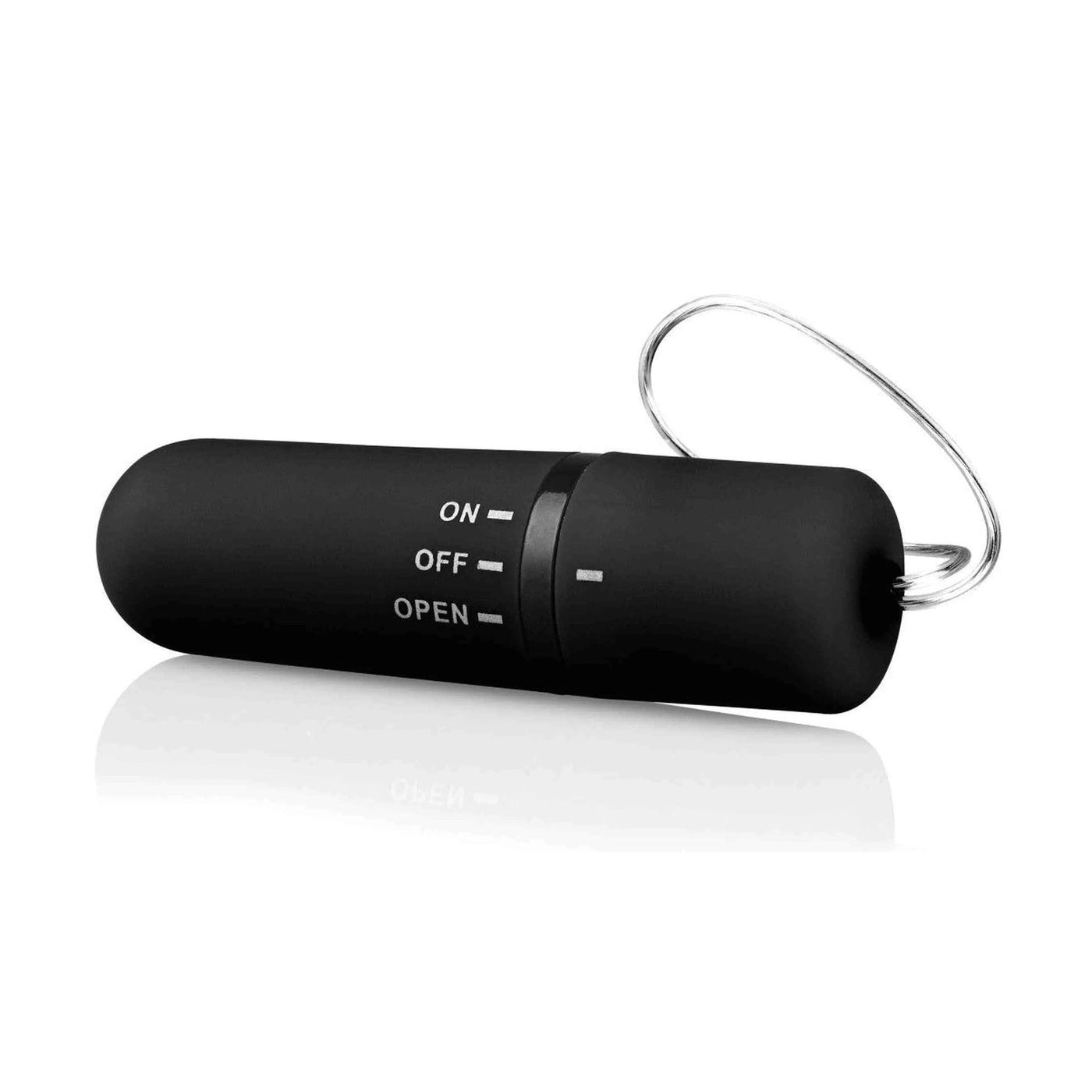 Vibratore cilindrico nero compatto con etichette ON OFF OPEN e cavo metallico flessibile