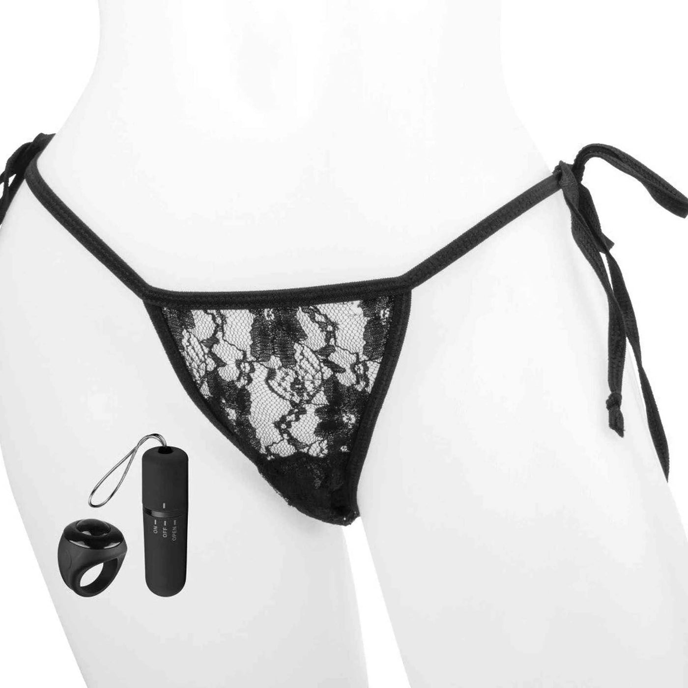 Mutandina vibrante nera a copertura bassa su manichino con telecomando wireless