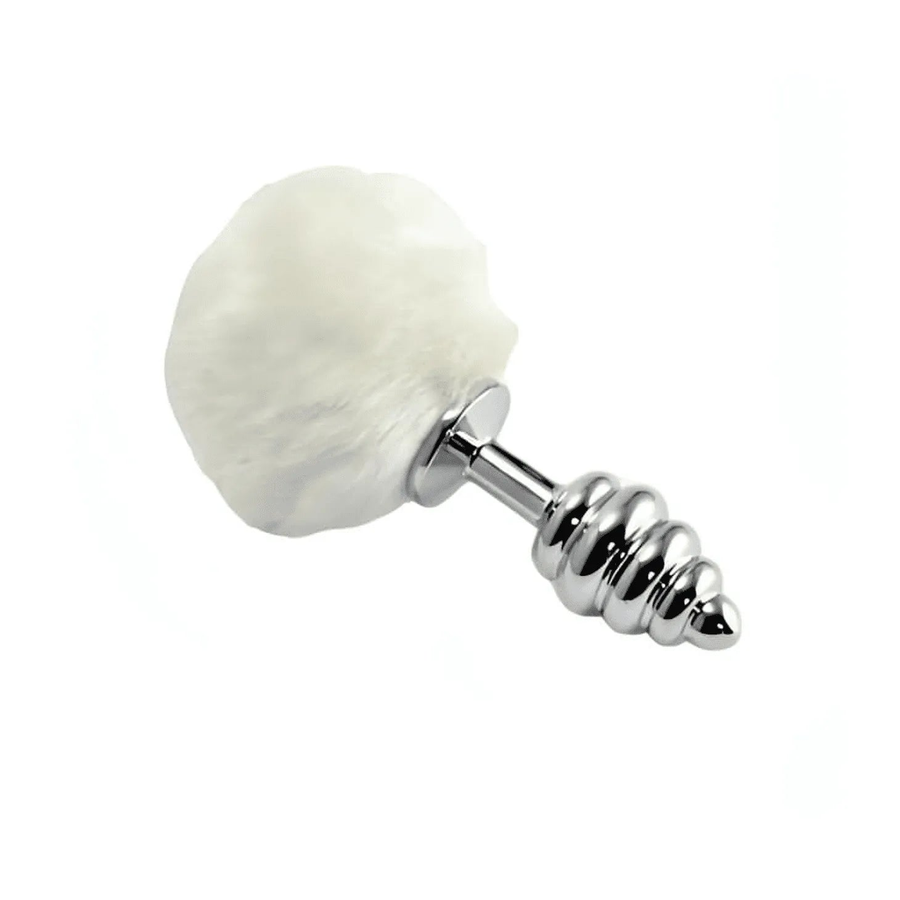 Spiral Silver Anal Plug 6cm with White Pom Pom