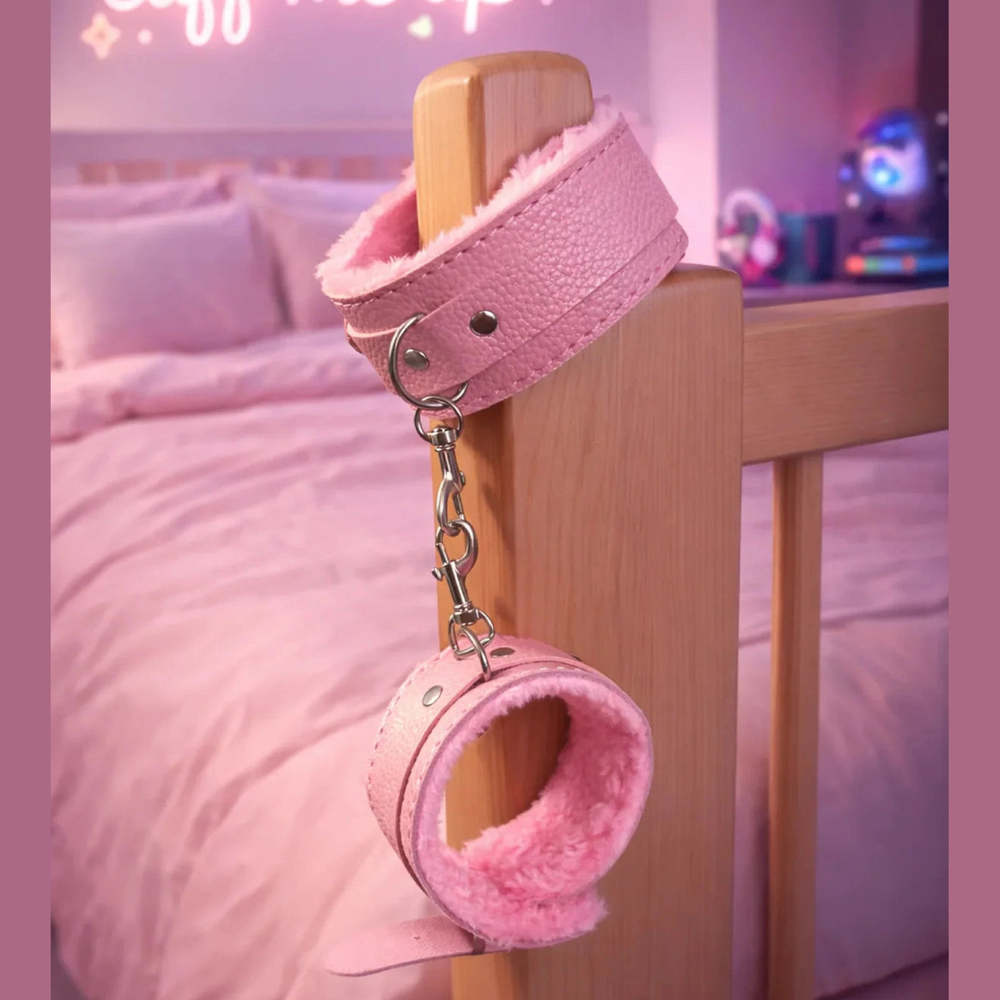 Cavigliere bondage rosa in similpelle appese a un piede di letto con segnale neon 'cuff me up'