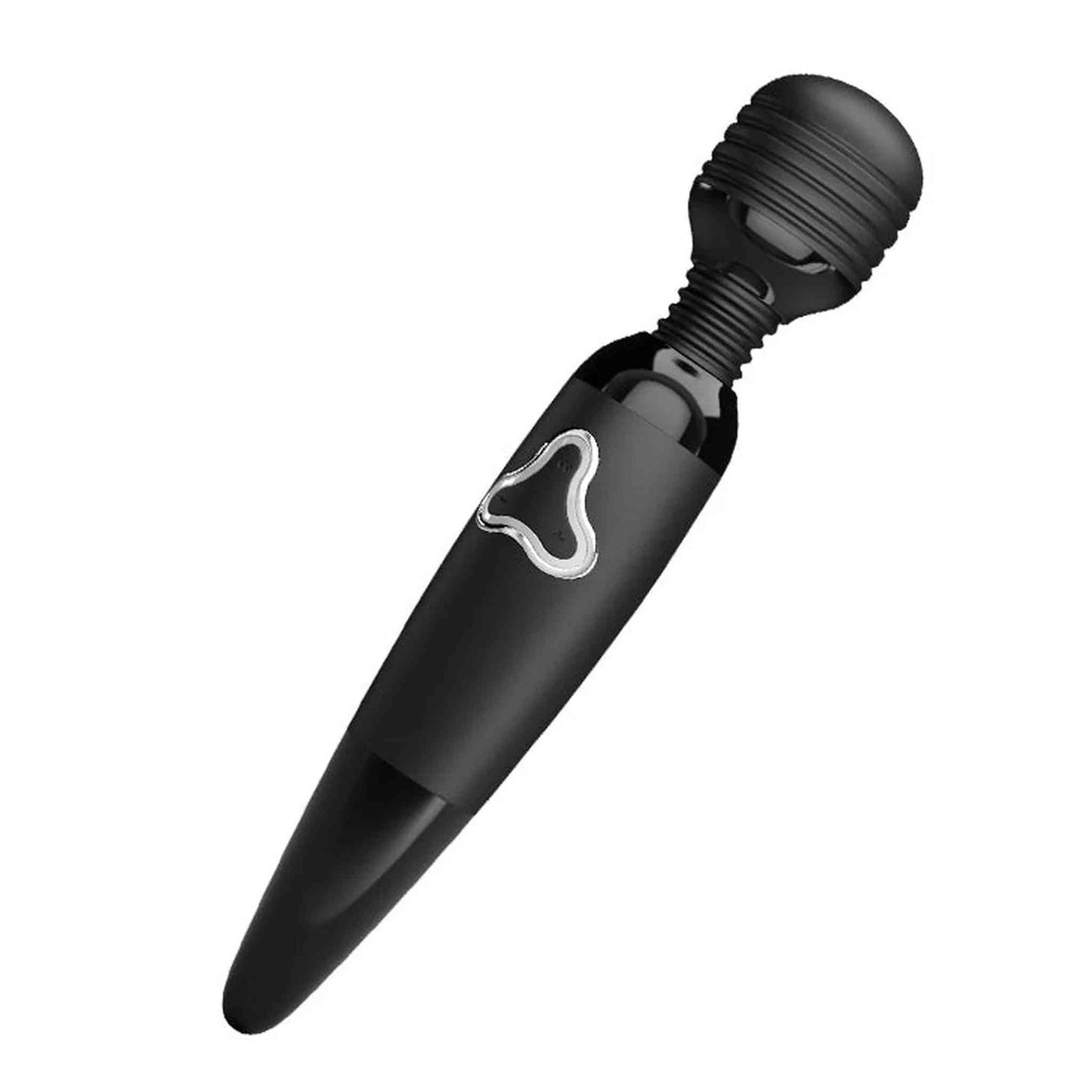 Vista angolata massaggiatore elettrico nero superficie silicone liscia pulsante triangolare