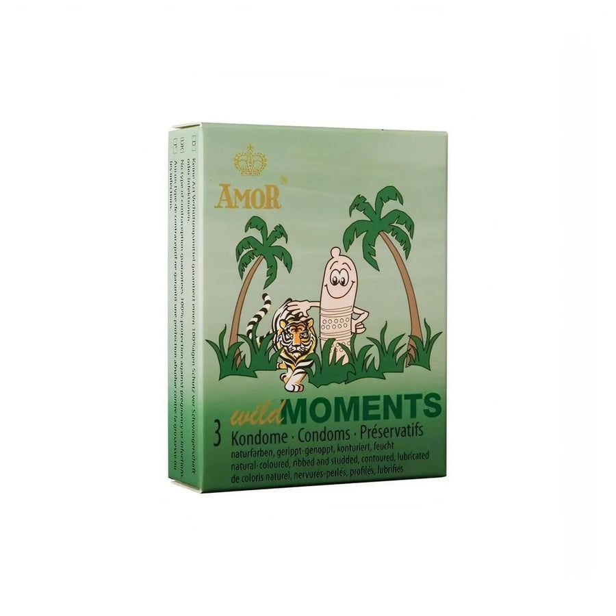Wild Moments-Kondome aus Naturkautschuklatex mit Reservoir und Kügelchen für zusätzliche Stimulation. Konturiert und geschmiert