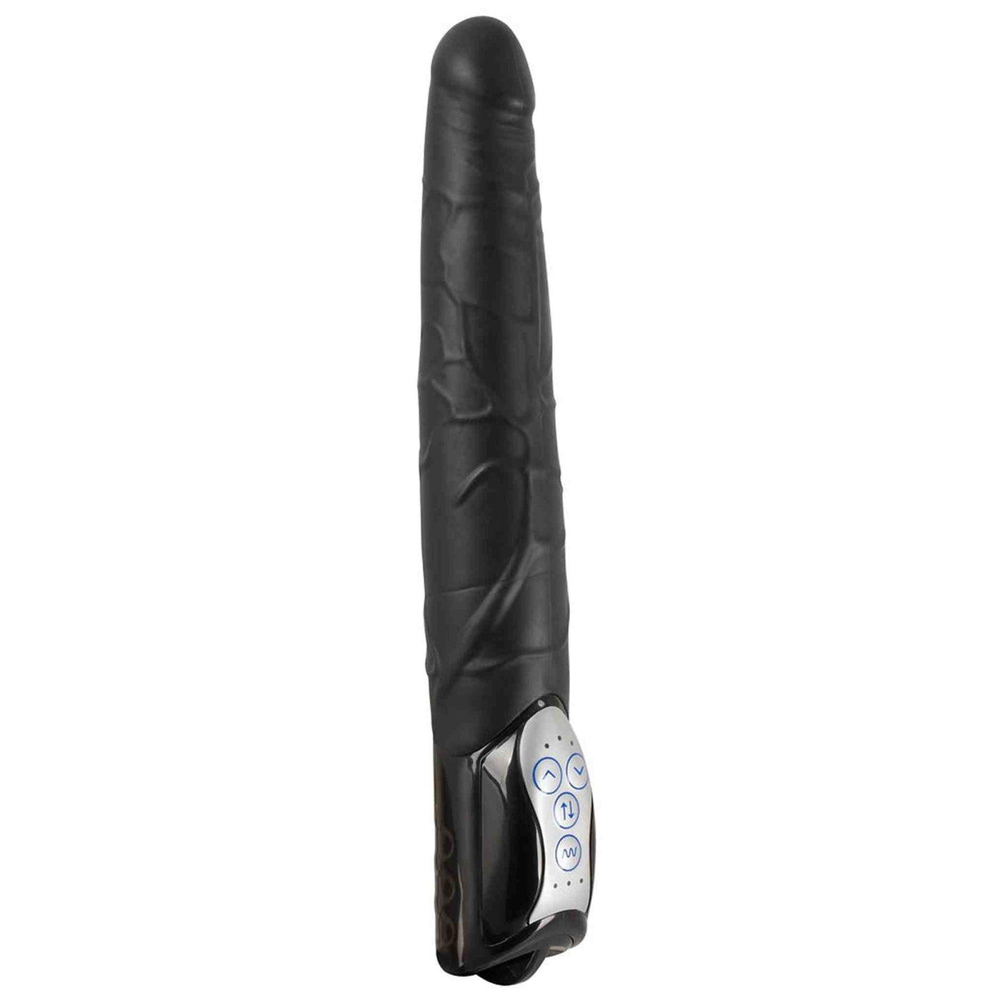 Vibratore nero You2Toys verticale con texture vene, pulsanti blu e indicatori LED spenti