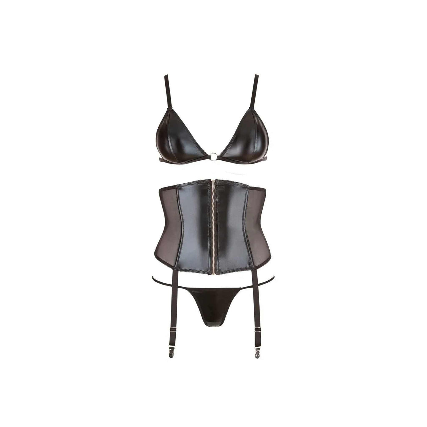 Visualizzazione piatta completo nero reggiseno triangolare e corpetto con zip