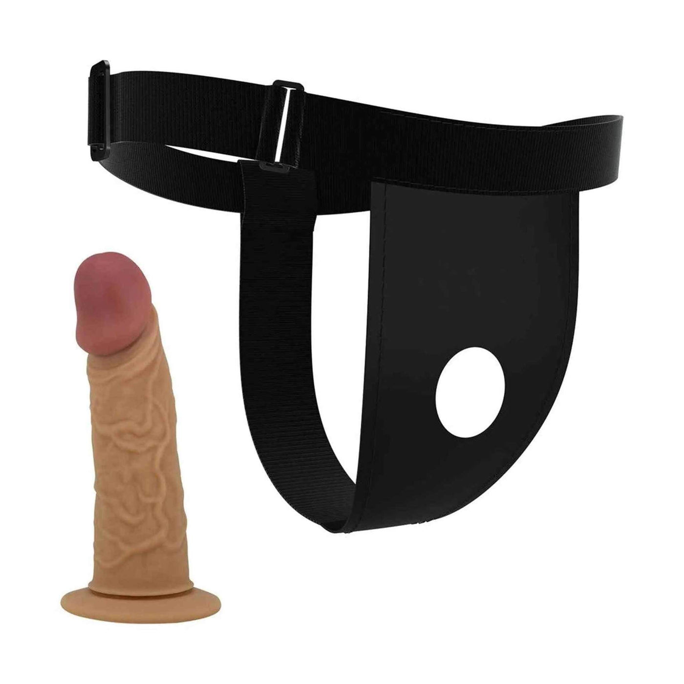 Strapon nero vuoto con apertura centrale e pene in silicone carne con testa rosa