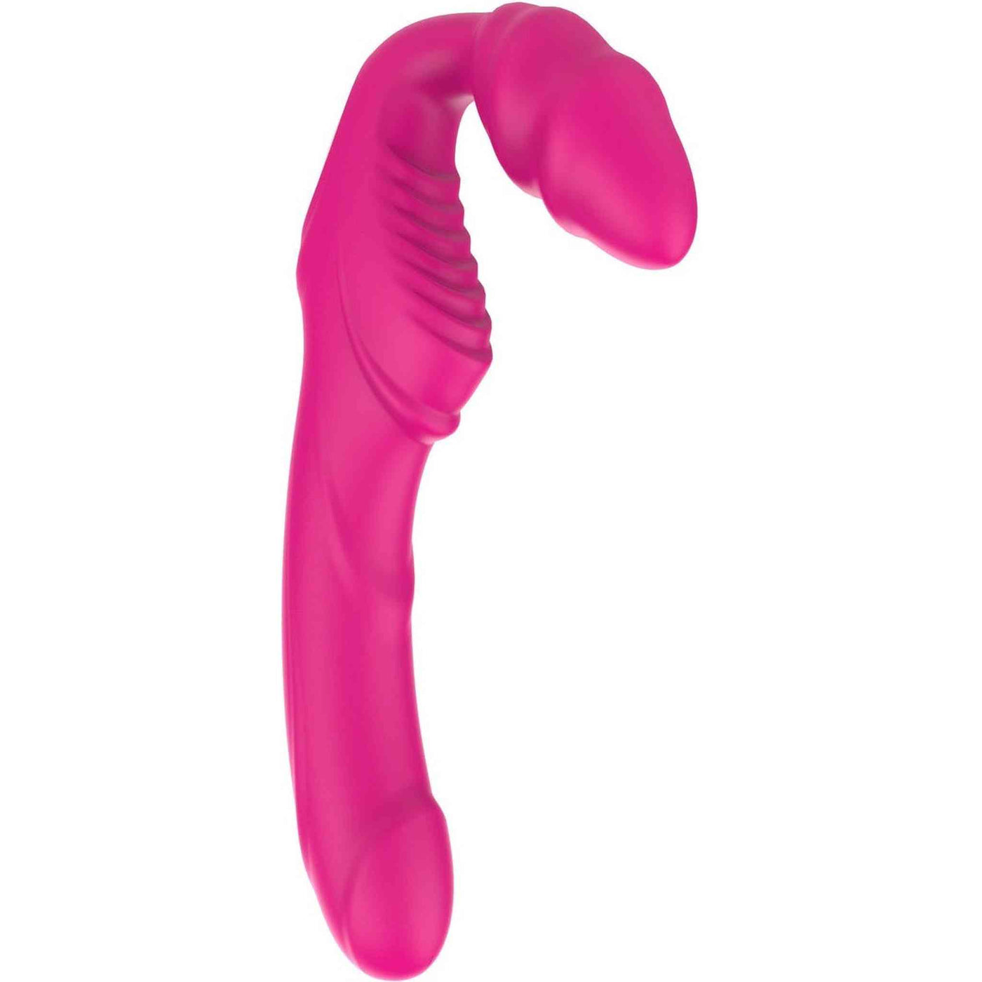 Strapon strapless rosa silicone doppio con rilievi a righe centrali