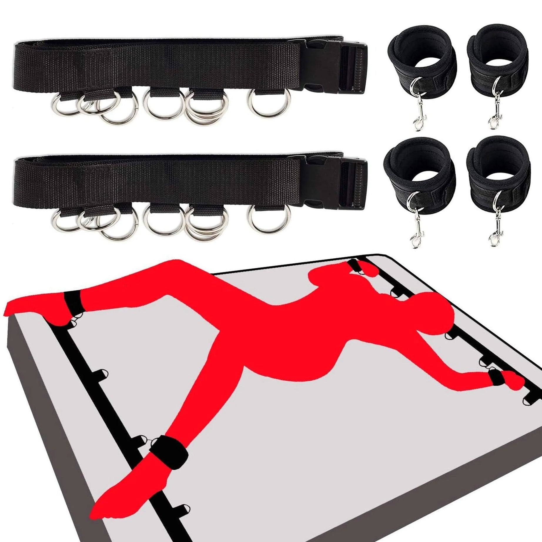 Straps da letto o da parete con 5 ganci per cavigliere o polsiere - Nero Lunghezza regolabile fino ad un massimo di 580 cm