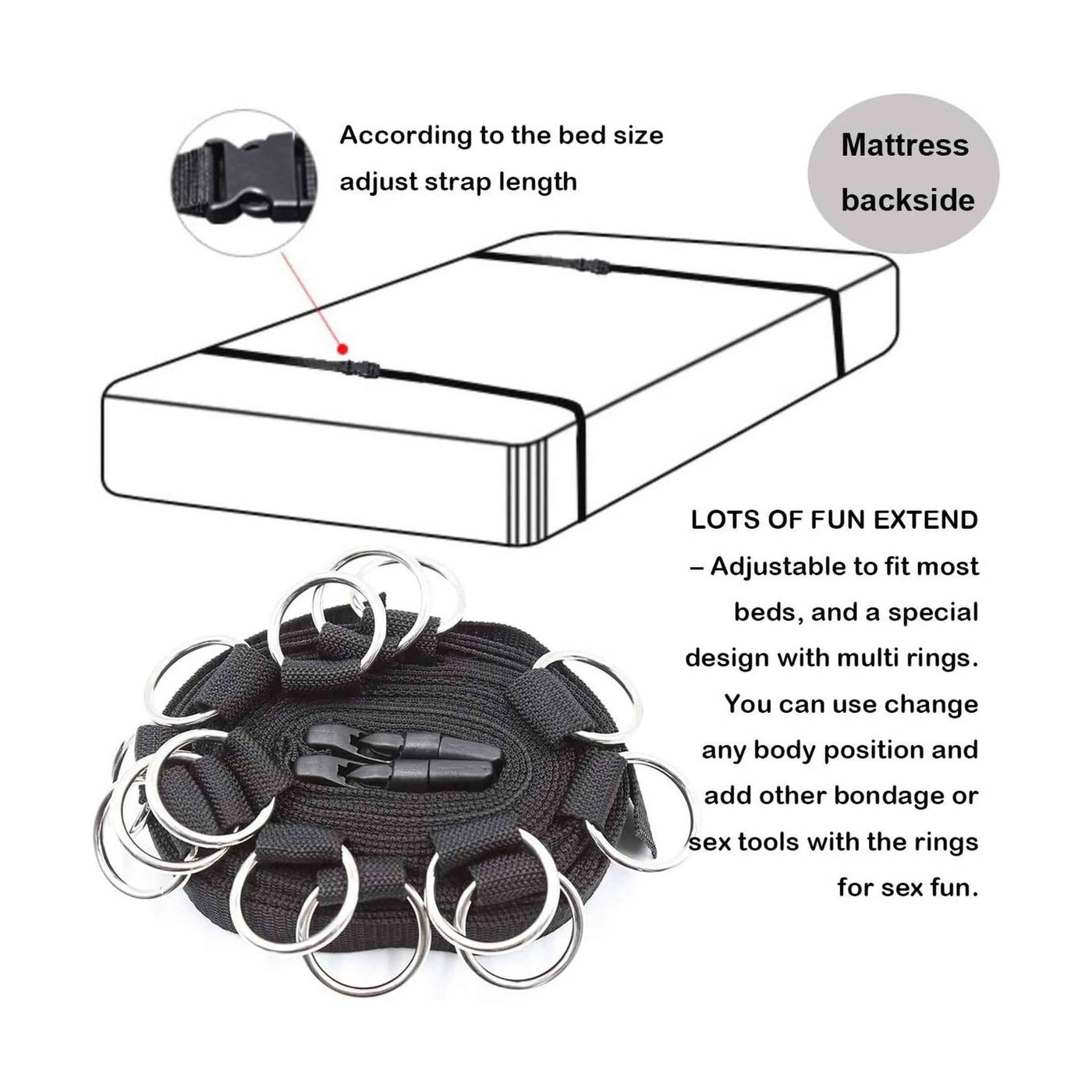 Straps da letto o da parete con 5 ganci per cavigliere o polsiere - Nero Lunghezza regolabile fino ad un massimo di 580 cm