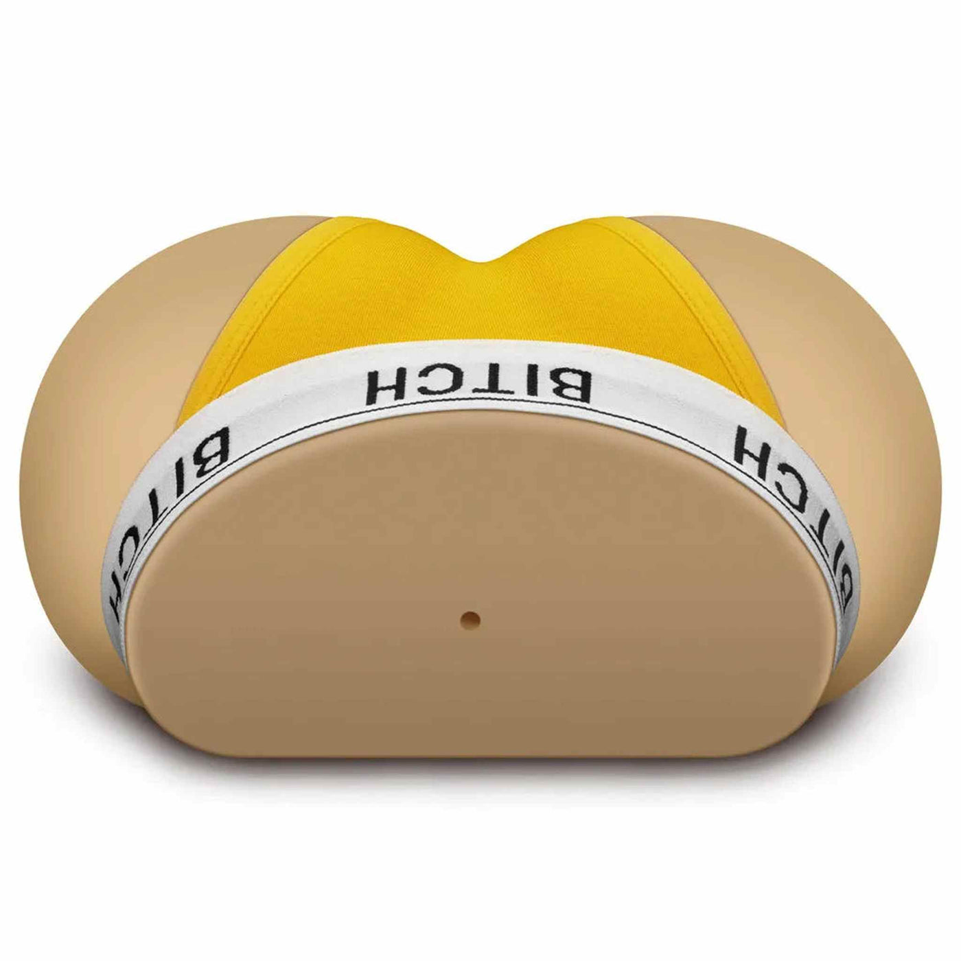 Masturbatore realistico glutei con perizoma giallo scritta Bitch vista posteriore