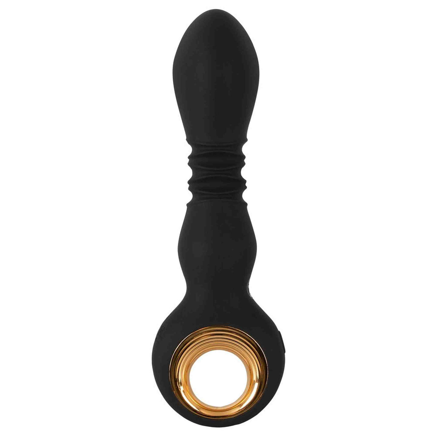 Vibratore nero in silicone con anello dorato a strati e texture centrale a rilievi