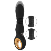 Vibratore nero in silicone con anello dorato e dettagli superficie a rilievi