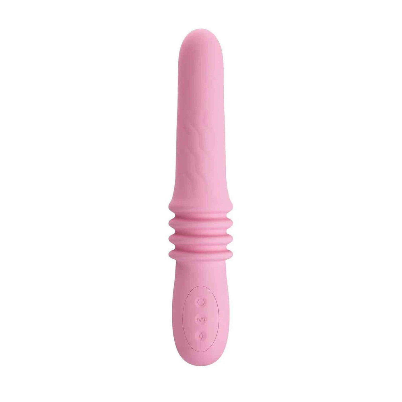 Vibratore cilindrico rosa in silicone opaco con tre controlli sul manico