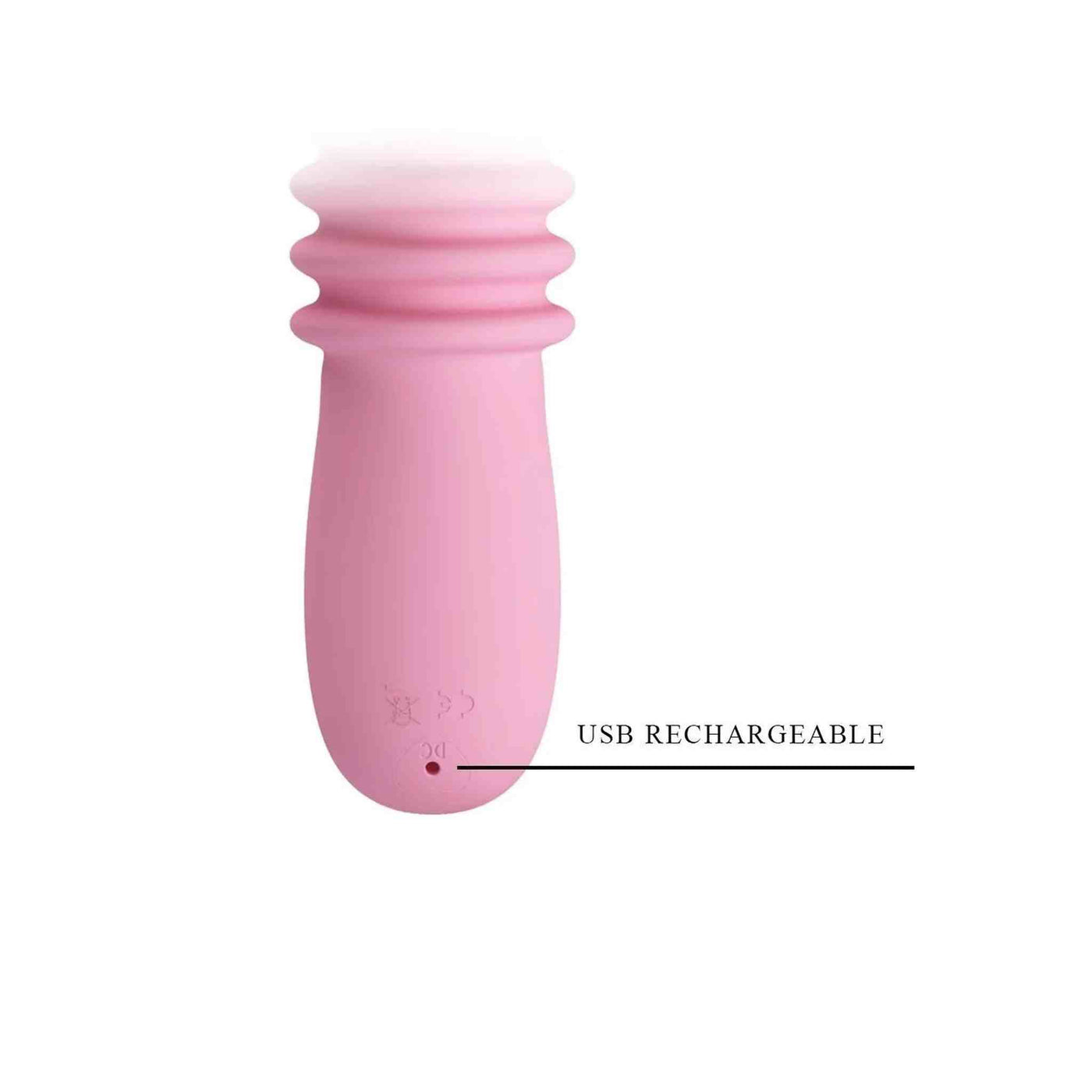 Vista posteriore vibratore rosa con porta ricarica USB e scritta USB RECHARGEABLE