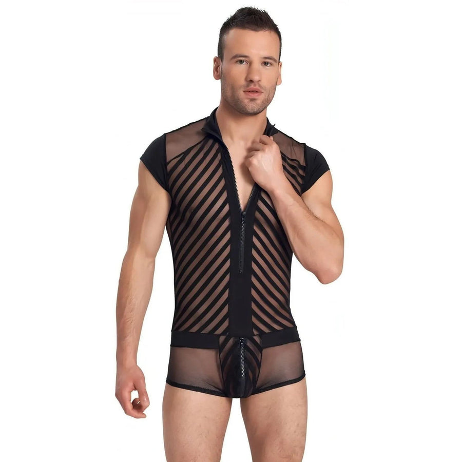 Sexy Men's Short Jumpsuit With Zip and Mesh Inserts and Black Stripe Pattern