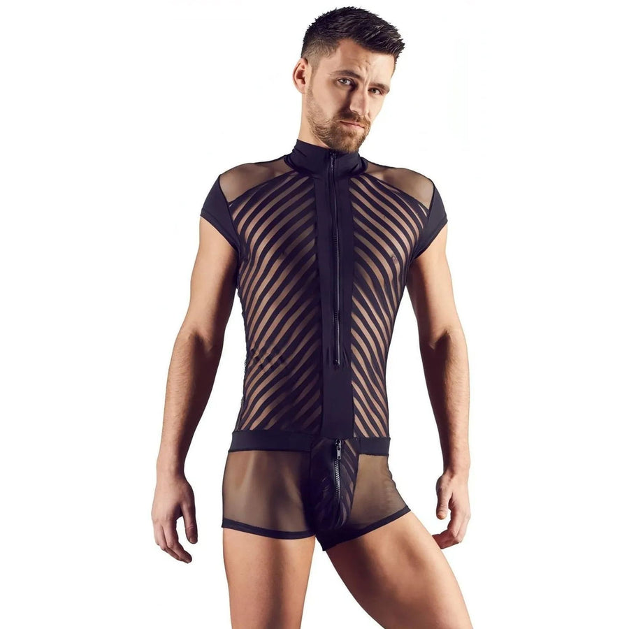 Sexy Men's Short Jumpsuit With Zip and Mesh Inserts and Black Stripe Pattern