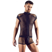 Tuta Corta Uomo Sexy Con Zip e Inserti a Rete e Fantasia a Bande Nere
