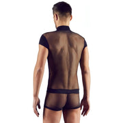 Tuta Corta Uomo Sexy Con Zip e Inserti a Rete e Fantasia a Bande Nere