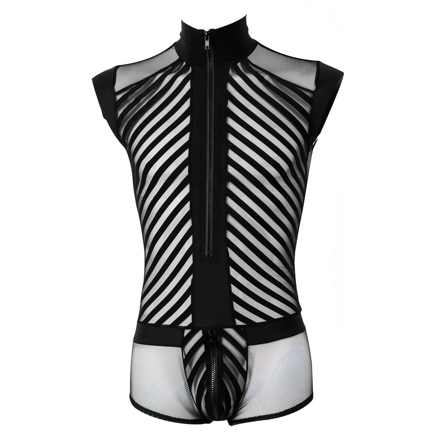 Tuta Corta Uomo Sexy Con Zip e Inserti a Rete e Fantasia a Bande Nere