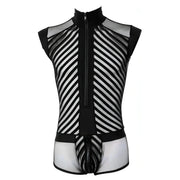 Tuta Corta Uomo Sexy Con Zip e Inserti a Rete e Fantasia a Bande Nere
