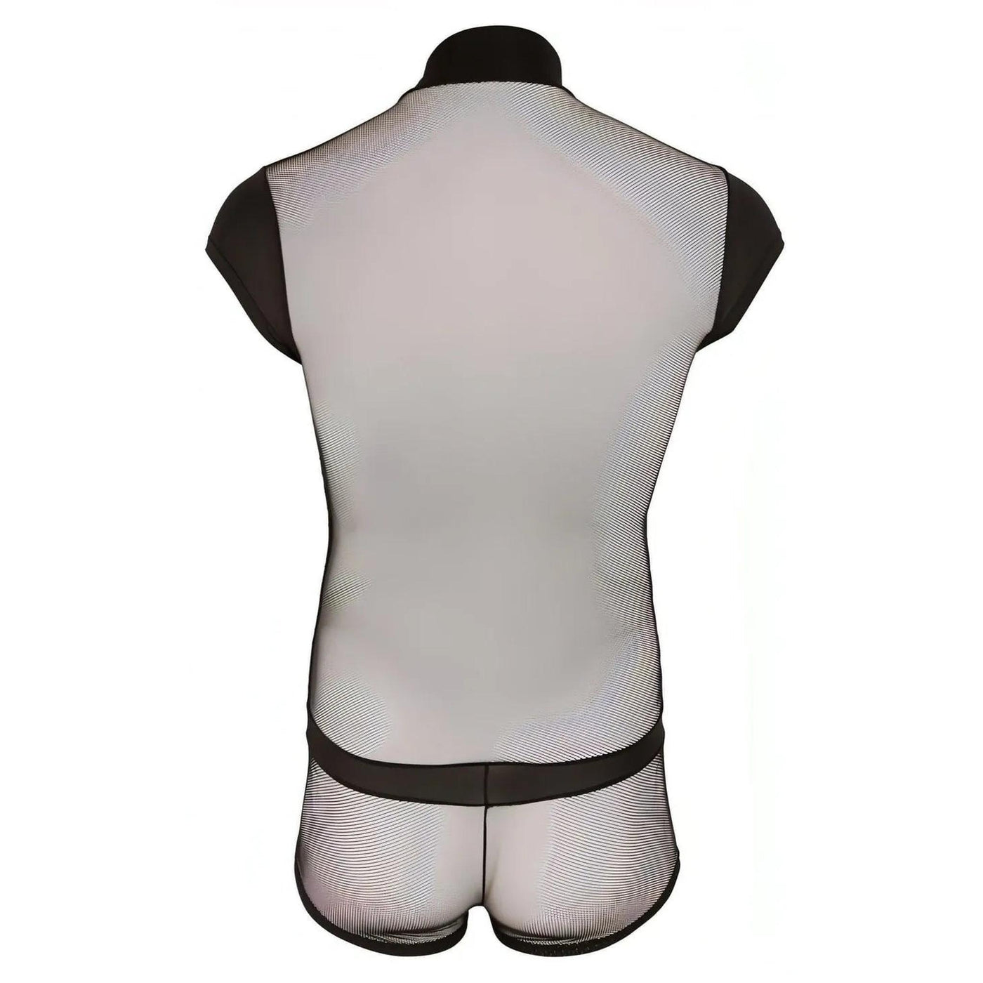 Tuta Corta Uomo Sexy Con Zip e Inserti a Rete e Fantasia a Bande Nere