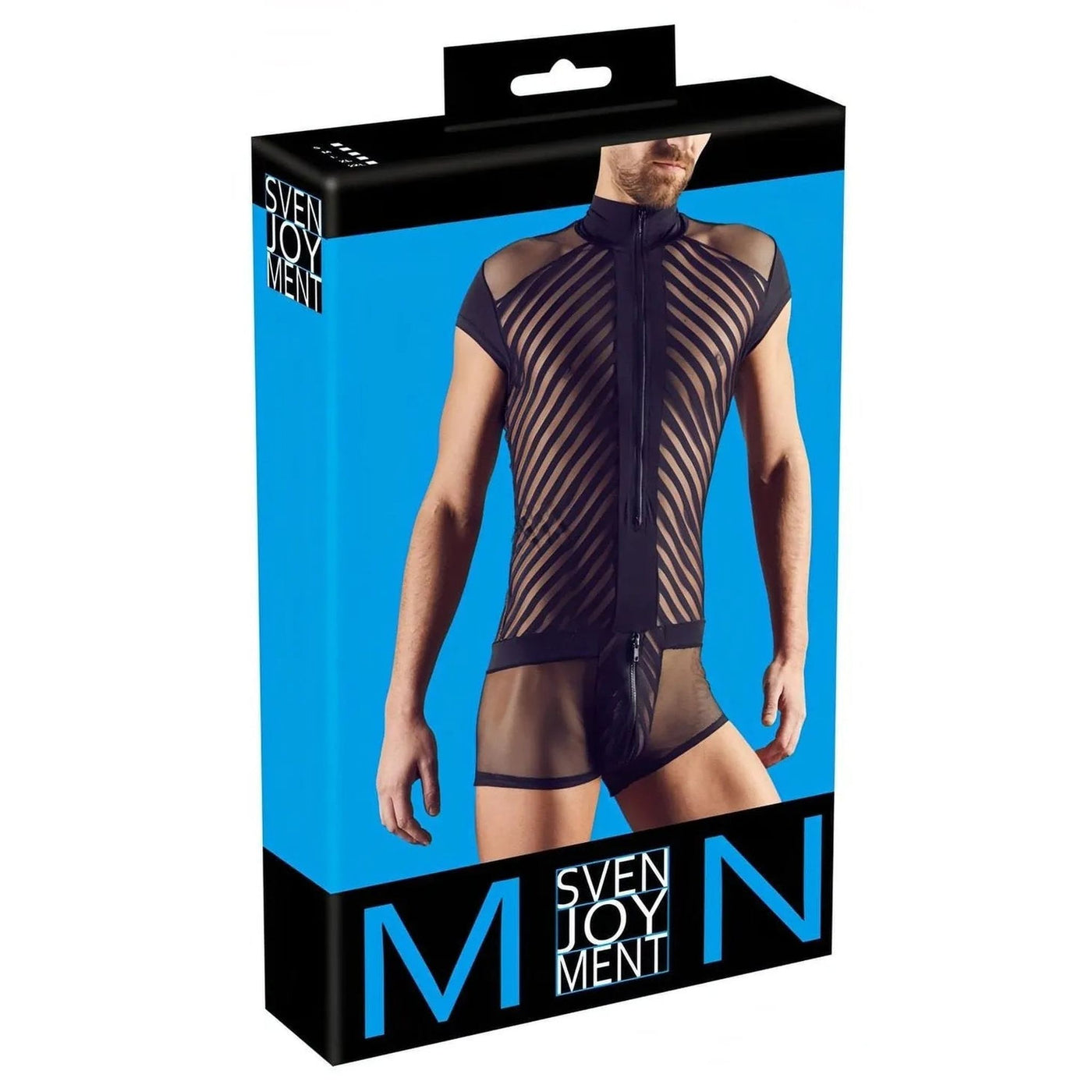 Tuta Corta Uomo Sexy Con Zip e Inserti a Rete e Fantasia a Bande Nere