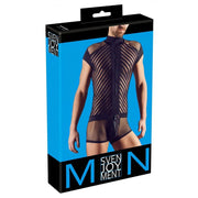 Tuta Corta Uomo Sexy Con Zip e Inserti a Rete e Fantasia a Bande Nere