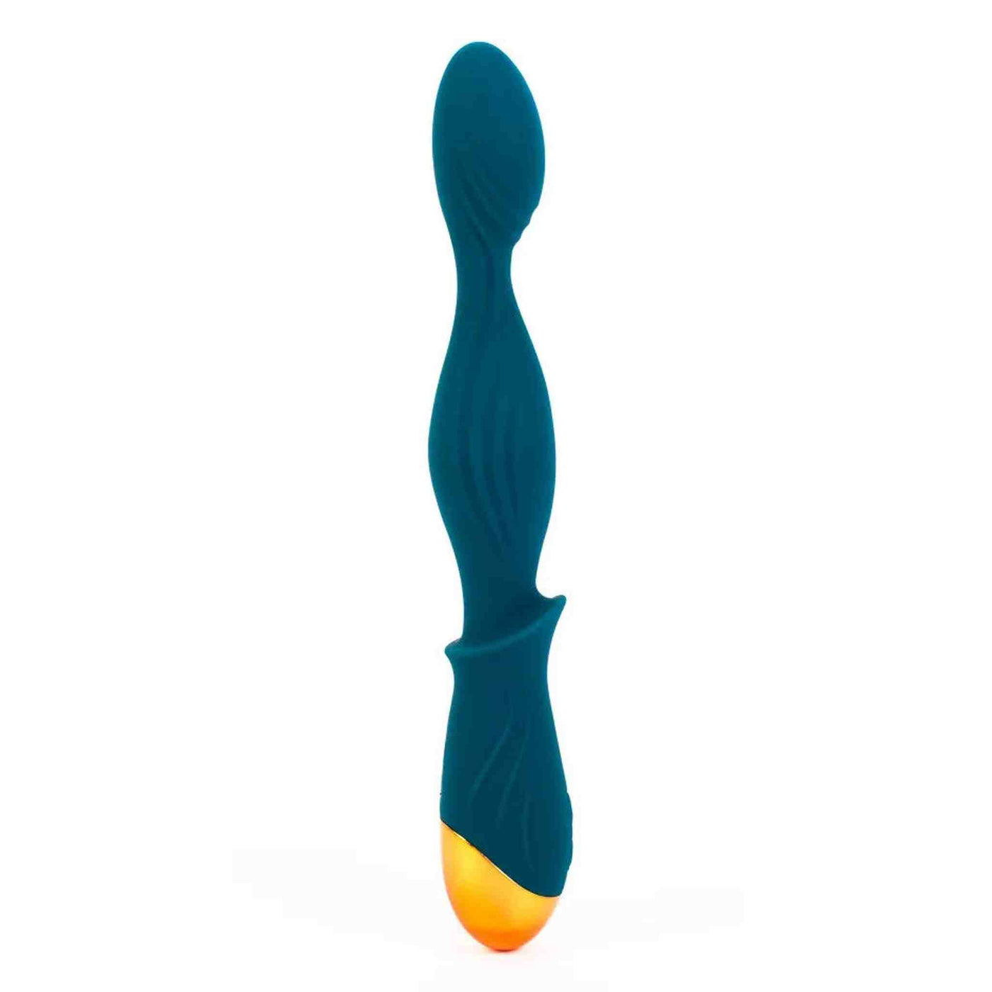 Profilo laterale plug anale blu scuro a doppio diametro con curva centrale e base dorata