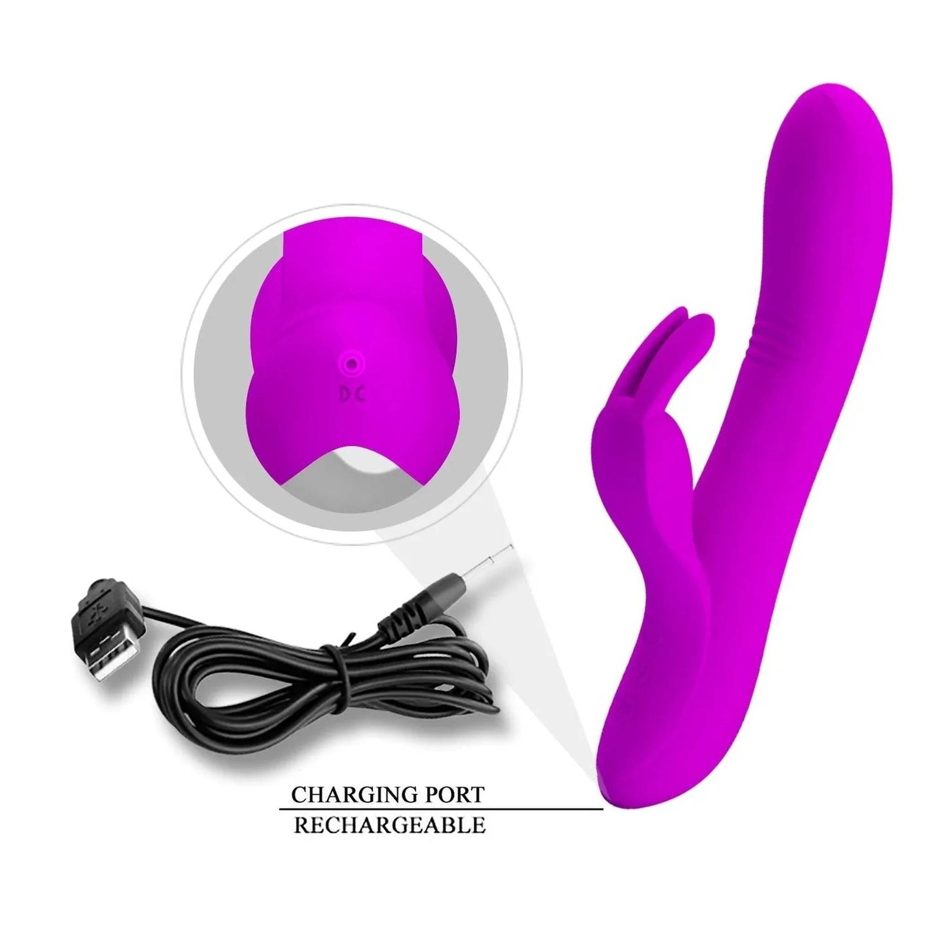 Vibratore Rabbit 100% in silicone, con 4 diverse modalità di tickling e 7 diverse modalità di vibrazione - Viola, Ricaricabile,