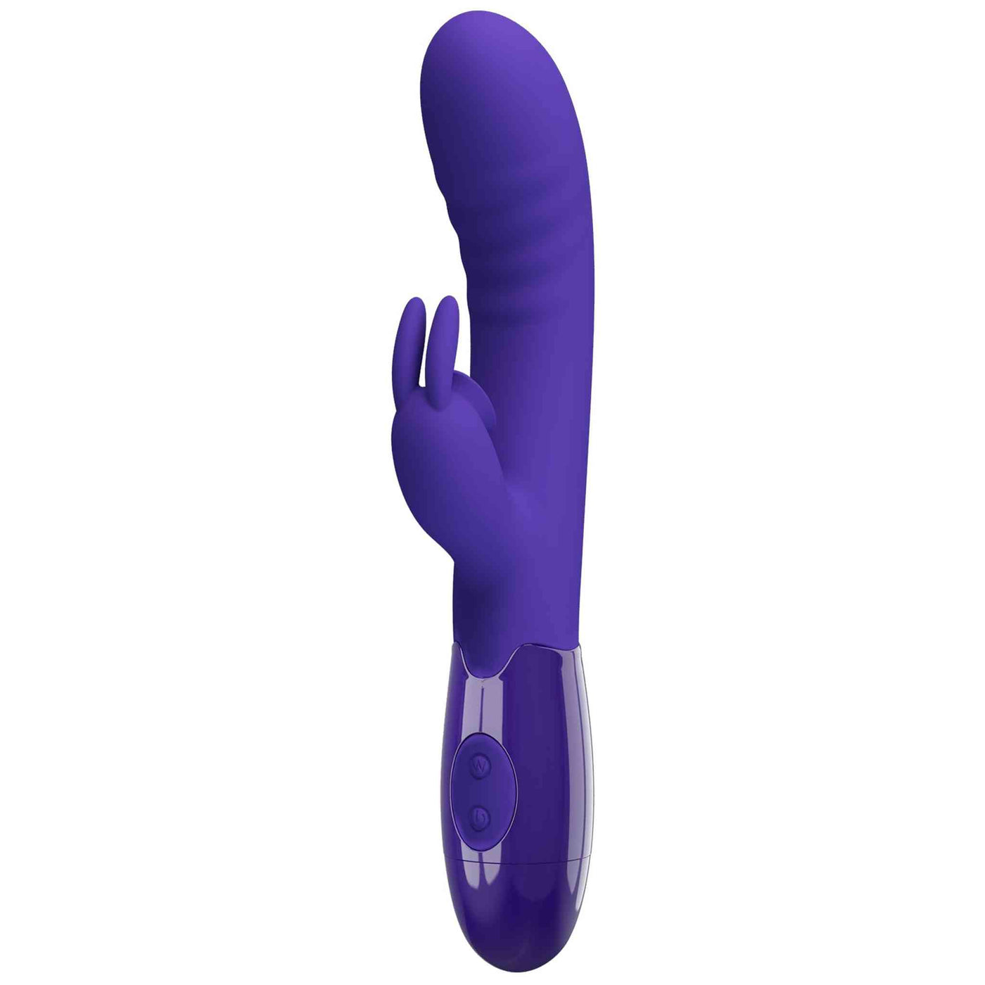Vibratore rabbit silicone viola scuro frontale con simboli accensione e regolazione