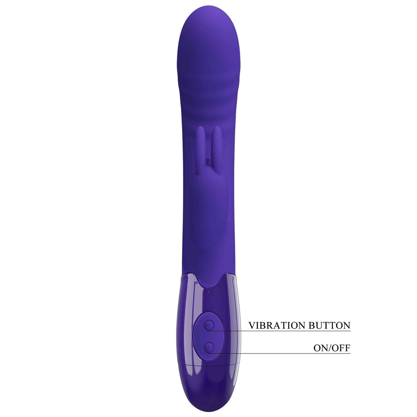 Vibratore rabbit silicone viola frontale con texture ondulata e pulsanti ovali