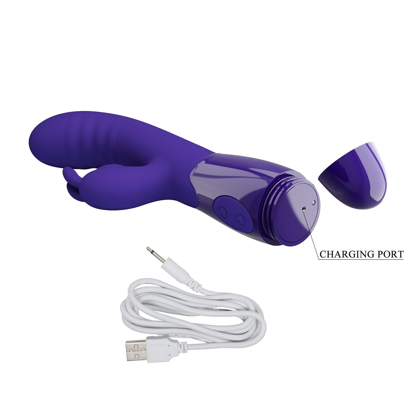 Vibratore rabbit viola con porta ricarica USB e cavo micro-USB incluso
