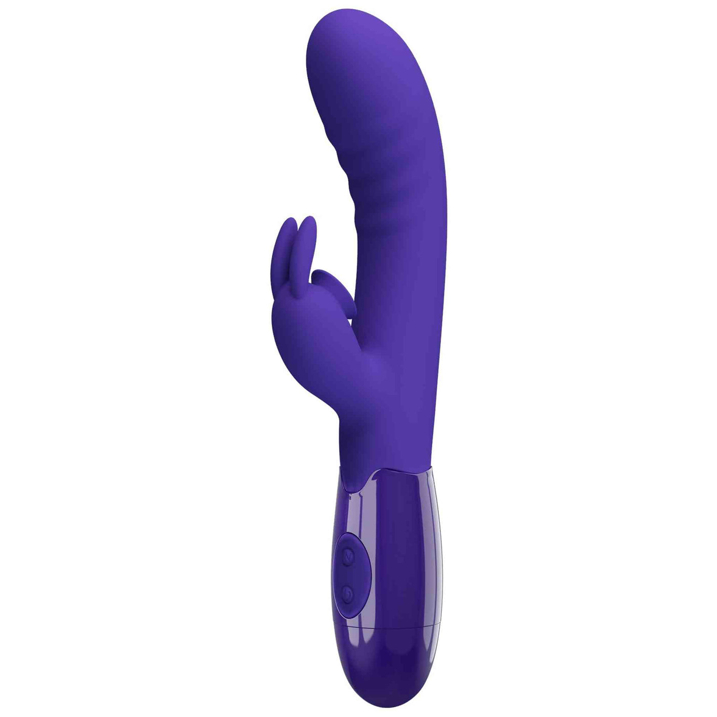 Vibratore rabbit silicone viola scuro laterale con superficie morbida e manico lucido
