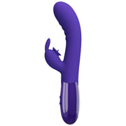 Vibratore rabbit viola laterale con protuberanza a forma di lingua e base arrotondata